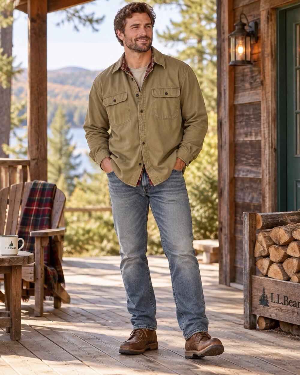 L.L.Bean Men XL Regular Beige Flannel Lined Long Sleeve Button Up Pocket Shirt
